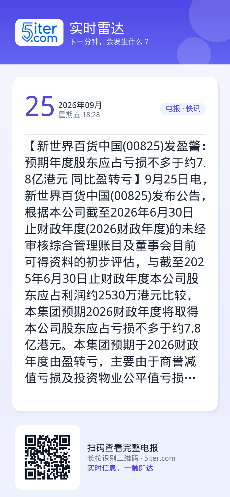 【新世界百货中国(00825)发盈警：预期年度股东应占亏损不多于约7.8亿港元 同比盈转亏】9月25日电，新世界百货中国