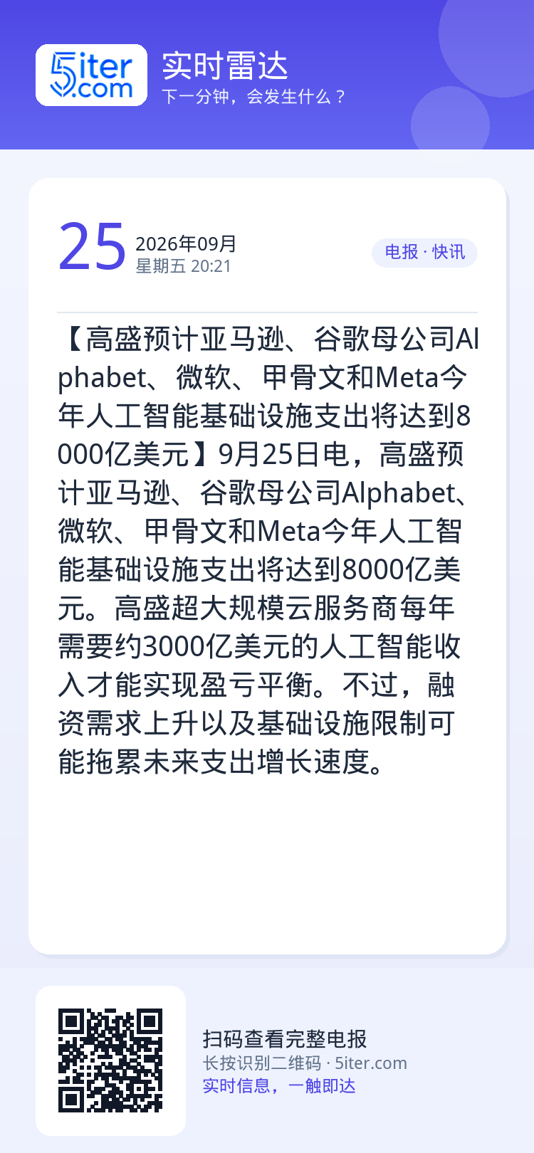 【高盛预计亚马逊、谷歌母公司Alphabet、微软、甲骨文和Meta今年人工智能基础设施支出将达到8000亿美元】9月2