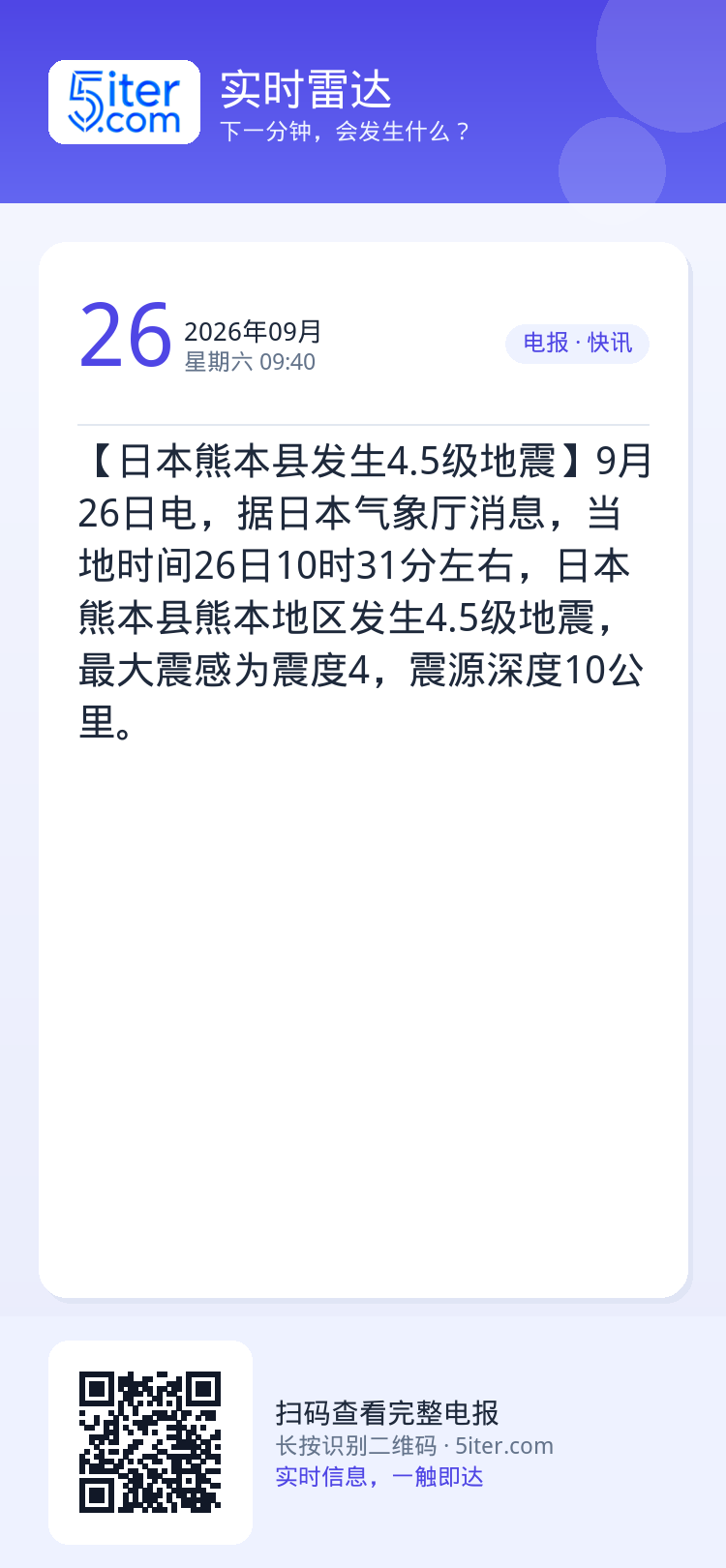 【日本熊本县发生4.5级地震】9月26日电，据日本气象厅消息，当地时间26日10时31分左右，日本熊本县熊本地区发生4.