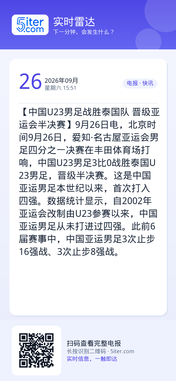 【中国U23男足战胜泰国队 晋级亚运会半决赛】9月26日电，北京时间9月26日，爱知·名古屋亚运会男足四分之一决赛在丰田