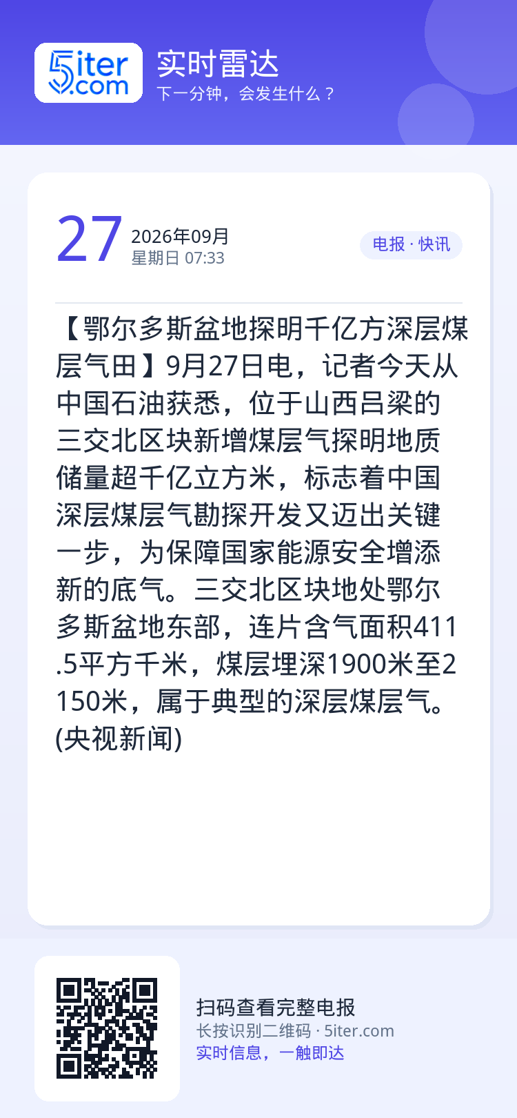 【鄂尔多斯盆地探明千亿方深层煤层气田】9月27日电，记者今天从中国石油获悉，位于山西吕梁的三交北区块新增煤层气探明地质储