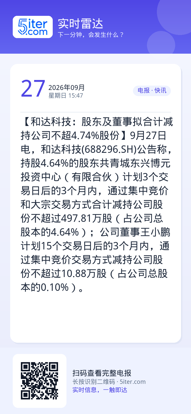 【和达科技：股东及董事拟合计减持公司不超4.74%股份】9月27日电，和达科技(688296.SH)公告称，持股4.64