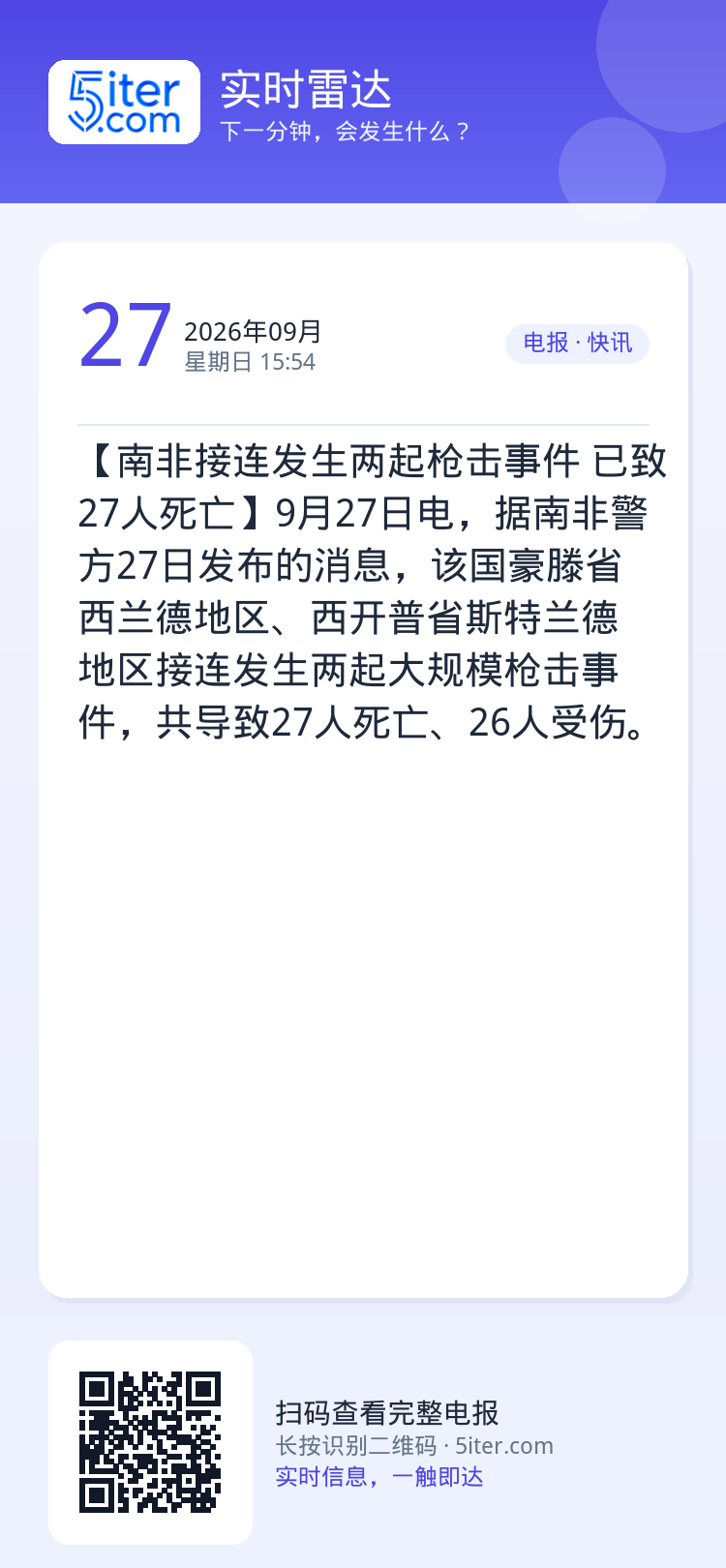 【南非接连发生两起枪击事件 已致27人死亡】9月27日电，据南非警方27日发布的消息，该国豪滕省西兰德地区、西开普省斯特