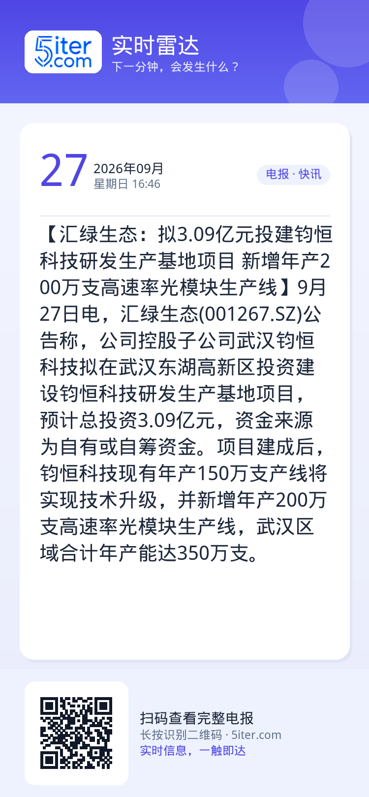 【汇绿生态：拟3.09亿元投建钧恒科技研发生产基地项目 新增年产200万支高速率光模块生产线】9月27日电，汇绿生态(0