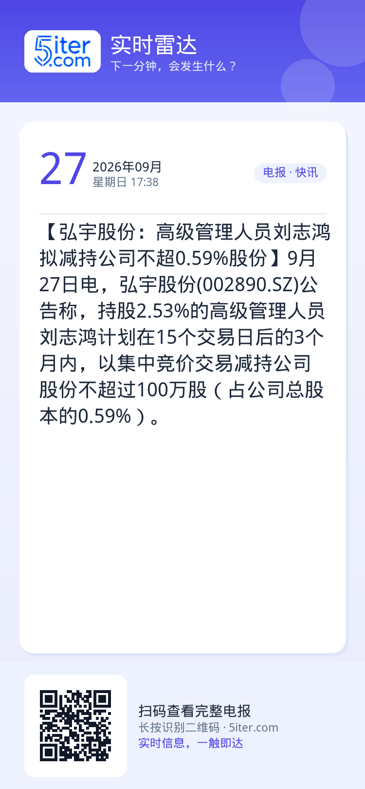 【弘宇股份：高级管理人员刘志鸿拟减持公司不超0.59%股份】9月27日电，弘宇股份(002890.SZ)公告称，持股2.