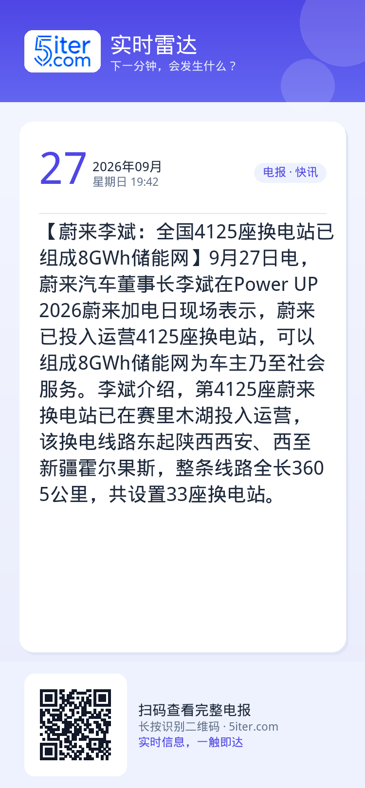 【蔚来李斌：全国4125座换电站已组成8GWh储能网】9月27日电，蔚来汽车董事长李斌在Power UP 2026蔚来加