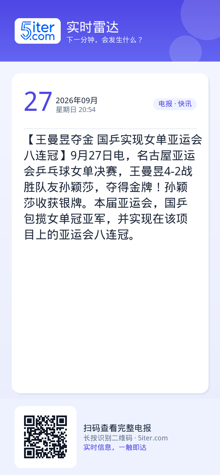 【王曼昱夺金 国乒实现女单亚运会八连冠】9月27日电，名古屋亚运会乒乓球女单决赛，王曼昱4-2战胜队友孙颖莎，夺得金牌！