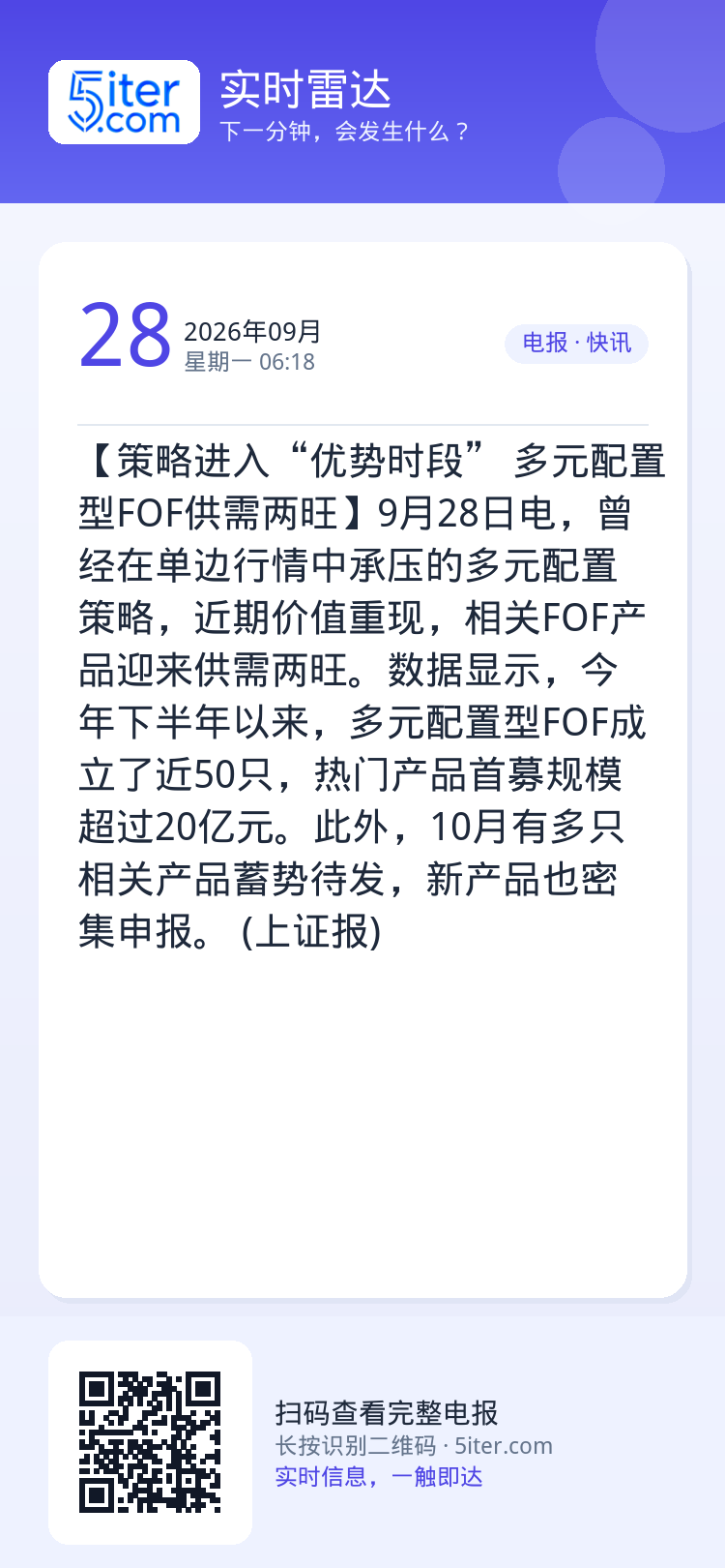 【策略进入“优势时段” 多元配置型FOF供需两旺】9月28日电，曾经在单边行情中承压的多元配置策略，近期价值重现，相关F
