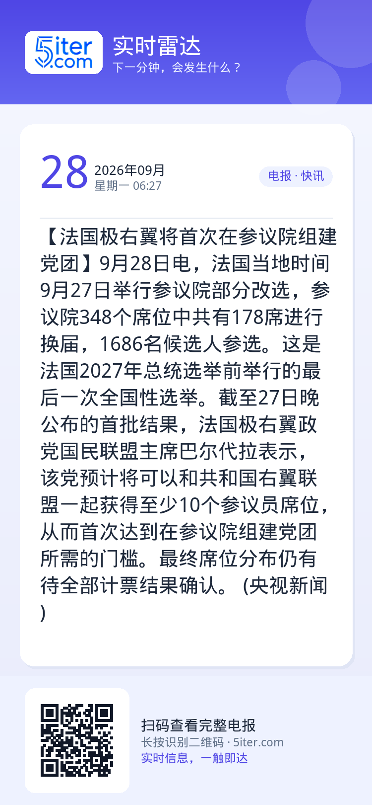 【法国极右翼将首次在参议院组建党团】9月28日电，法国当地时间9月27日举行参议院部分改选，参议院348个席位中共有17
