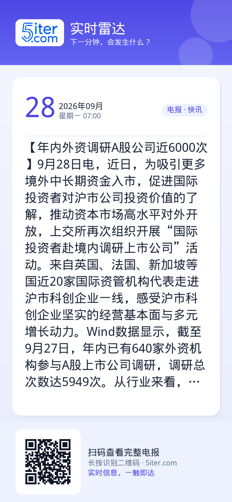 【年内外资调研A股公司近6000次】9月28日电，近日，为吸引更多境外中长期资金入市，促进国际投资者对沪市公司投资价值的