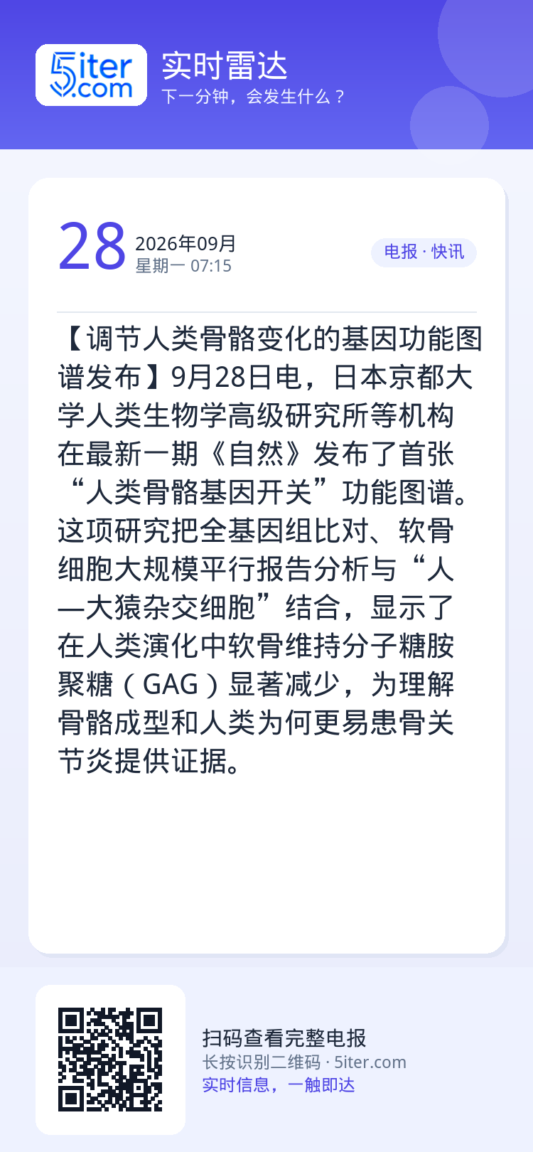 【调节人类骨骼变化的基因功能图谱发布】9月28日电，日本京都大学人类生物学高级研究所等机构在最新一期《自然》发布了首张“
