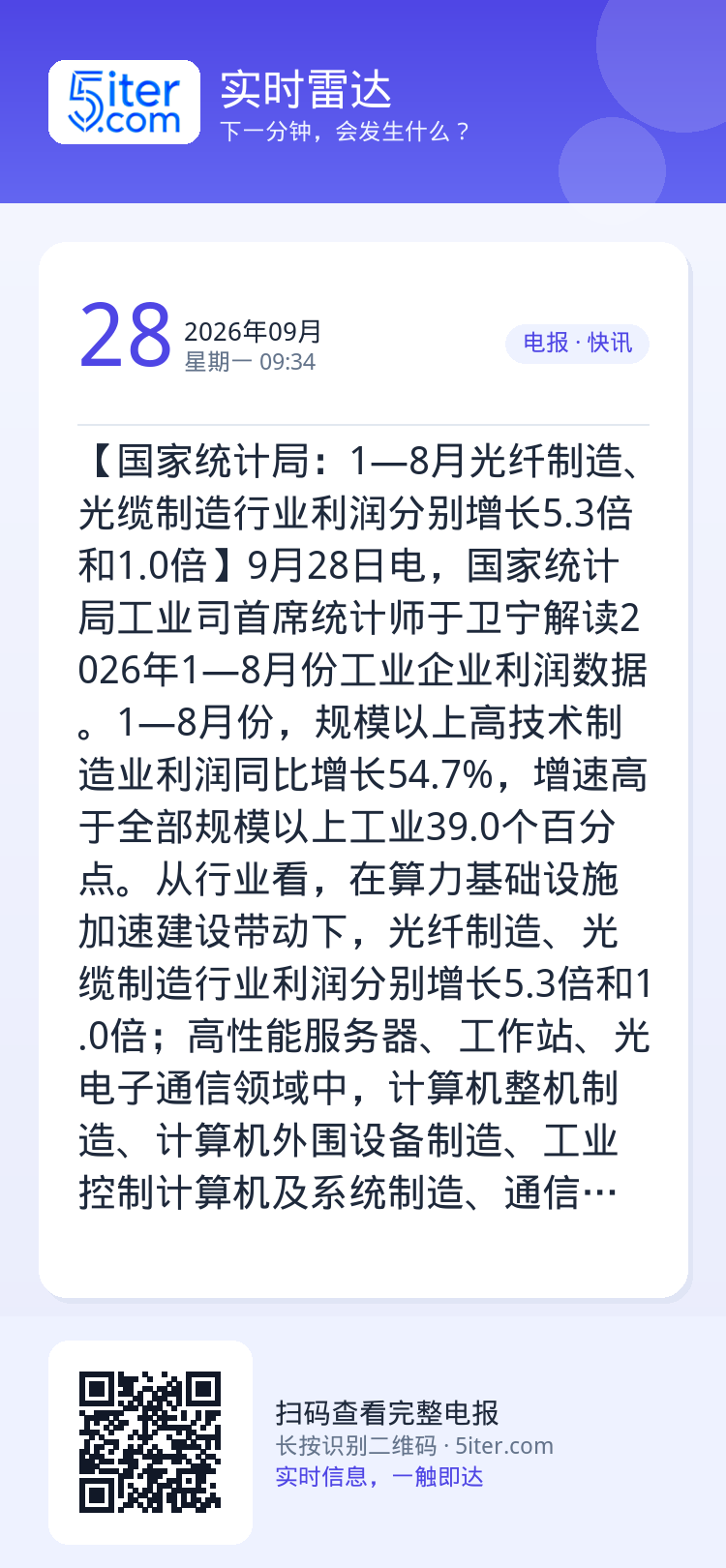 【国家统计局：1—8月光纤制造、光缆制造行业利润分别增长5.3倍和1.0倍】9月28日电，国家统计局工业司首席统计师于卫