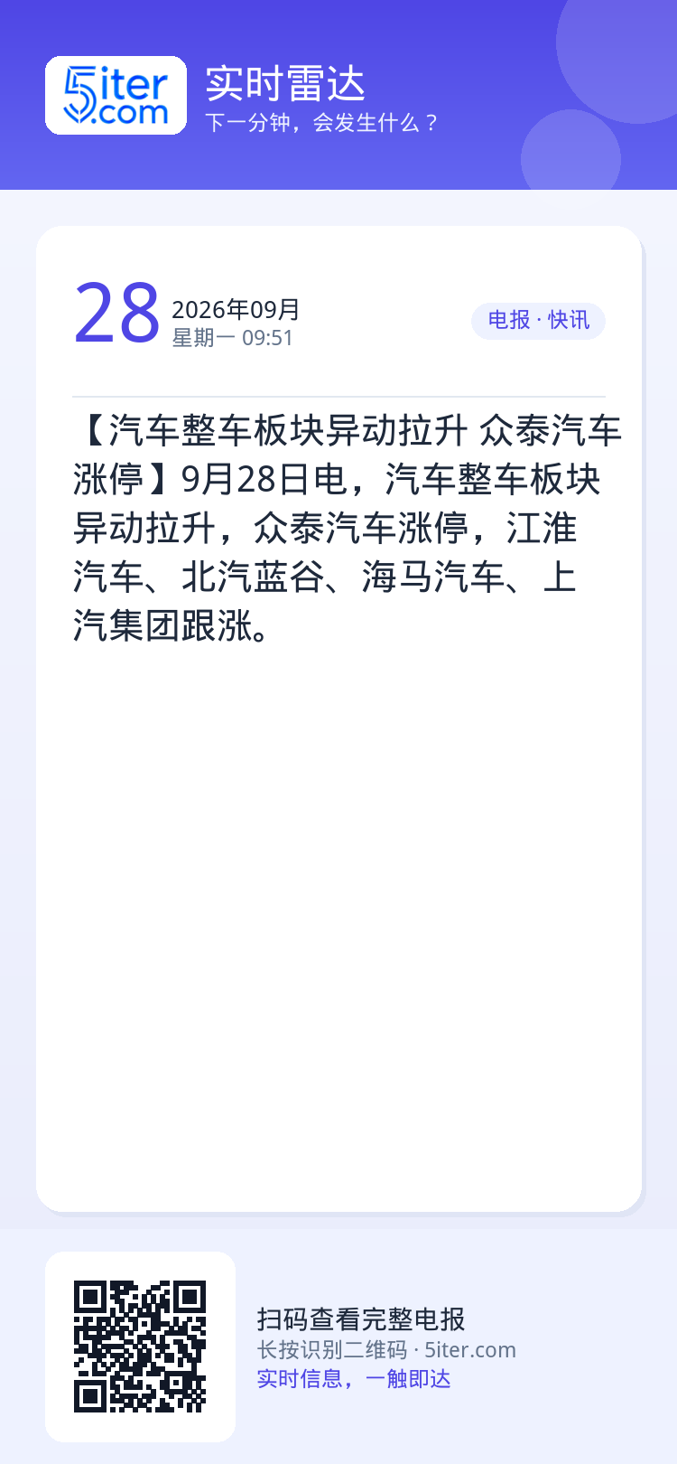 【汽车整车板块异动拉升 众泰汽车涨停】9月28日电，汽车整车板块异动拉升，众泰汽车涨停，江淮汽车、北汽蓝谷、海马汽车、上