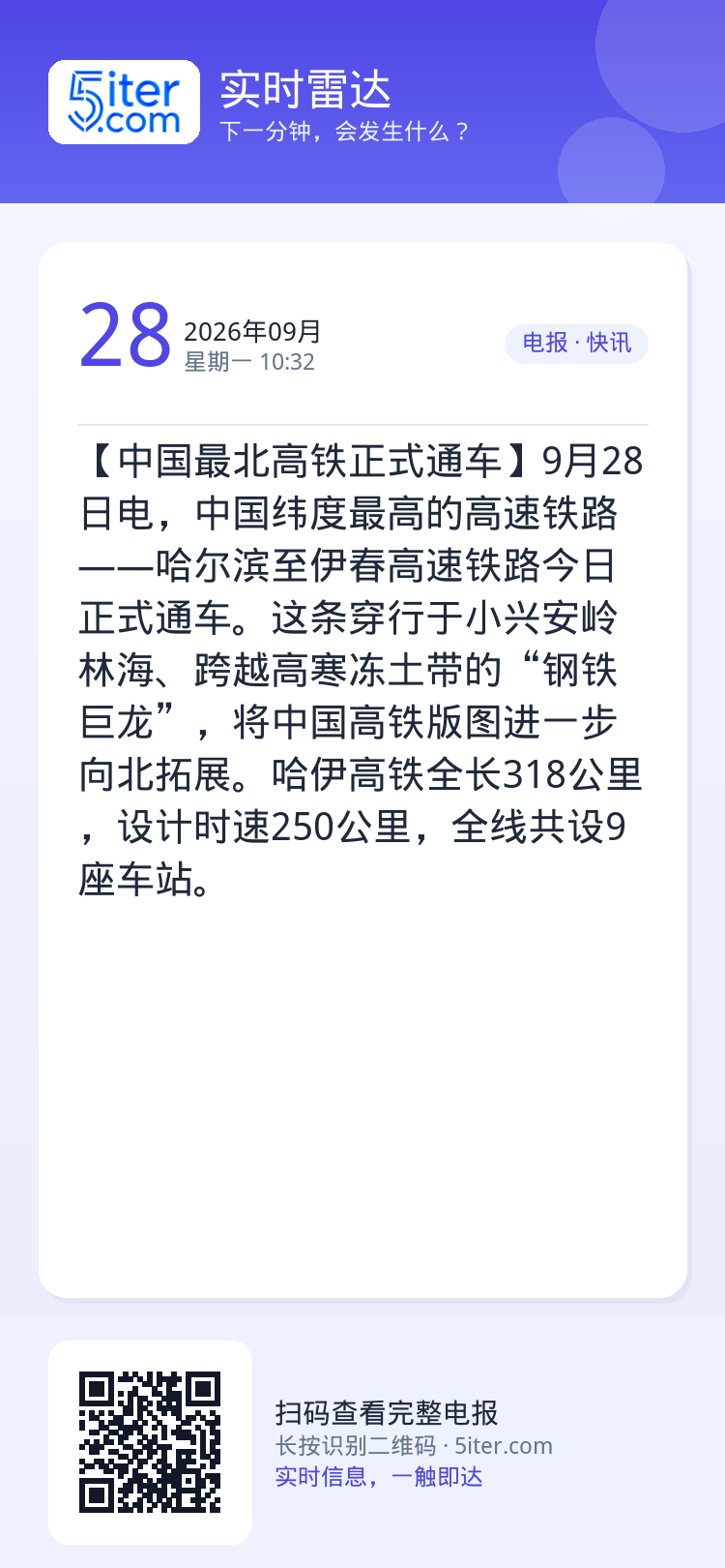 【中国最北高铁正式通车】9月28日电，中国纬度最高的高速铁路——哈尔滨至伊春高速铁路今日正式通车。这条穿行于小兴安岭林海