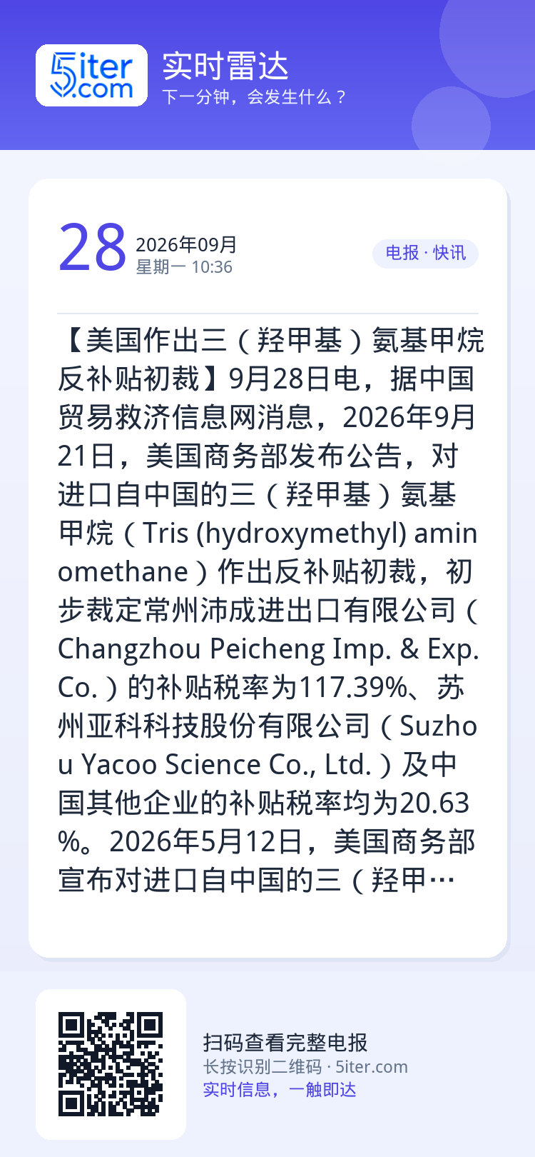 【美国作出三（羟甲基）氨基甲烷反补贴初裁】9月28日电，据中国贸易救济信息网消息，2026年9月21日，美国商务部发布公