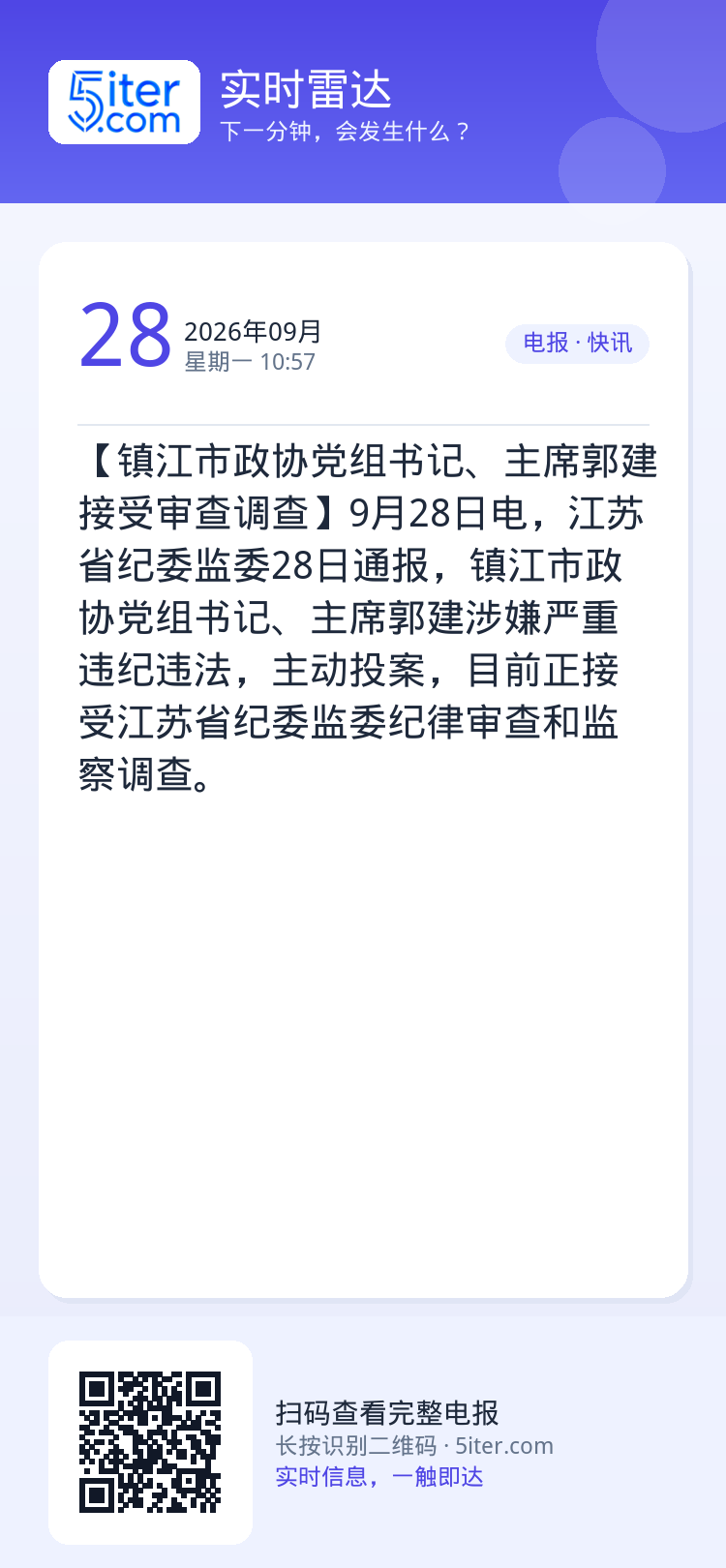 【镇江市政协党组书记、主席郭建接受审查调查】9月28日电，江苏省纪委监委28日通报，镇江市政协党组书记、主席郭建涉嫌严重