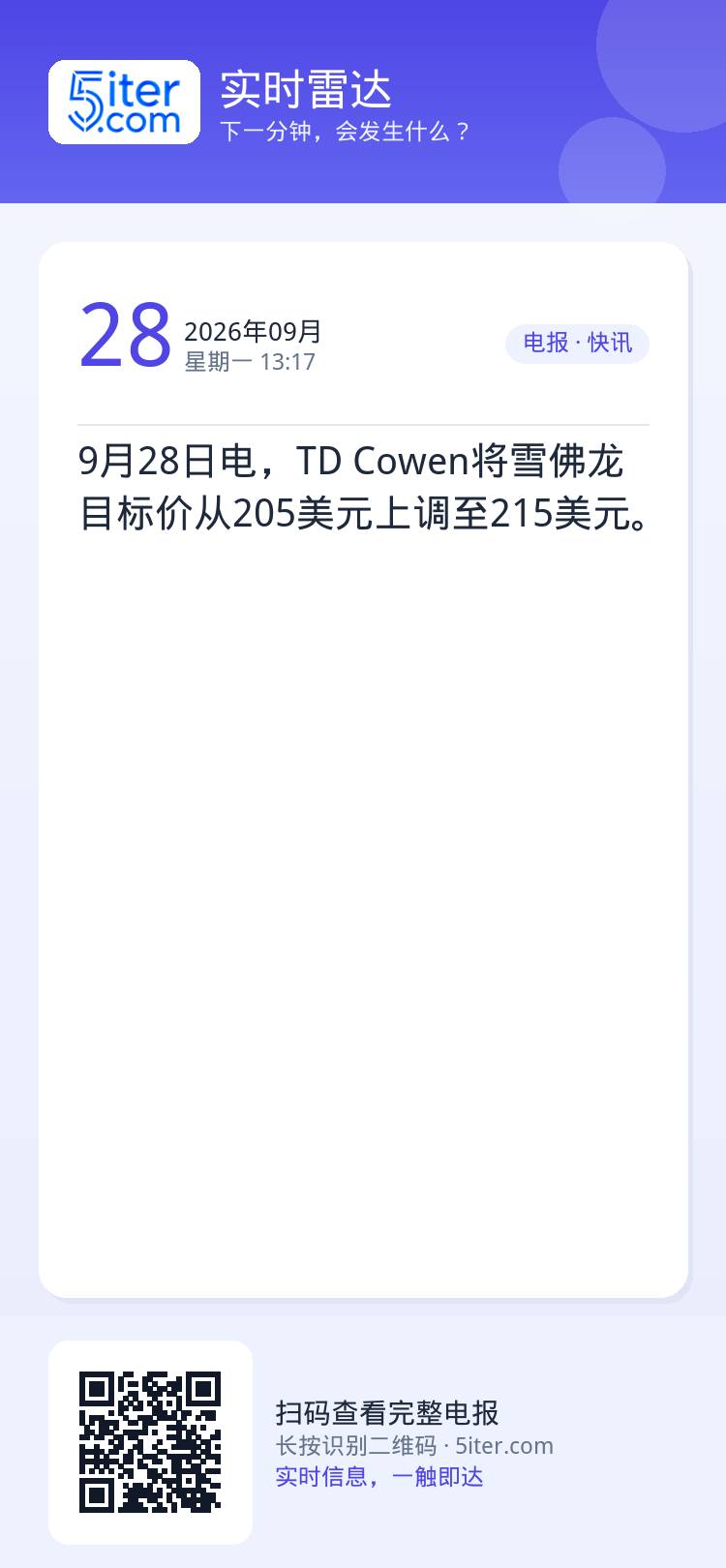 9月28日电，TD Cowen将雪佛龙目标价从205美元上调至215美元。