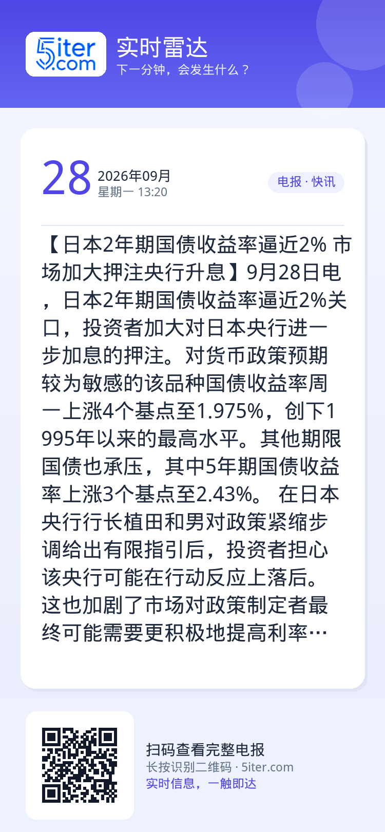 【日本2年期国债收益率逼近2% 市场加大押注央行升息】9月28日电，日本2年期国债收益率逼近2%关口，投资者加大对日本央