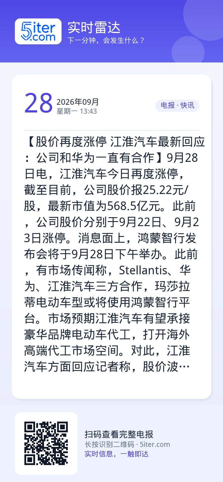 【股价再度涨停 江淮汽车最新回应：公司和华为一直有合作】9月28日电，江淮汽车今日再度涨停，截至目前，公司股价报25.2
