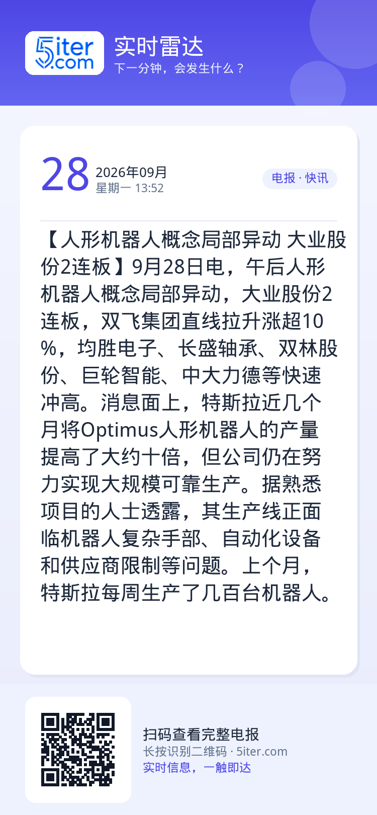【人形机器人概念局部异动 大业股份2连板】9月28日电，午后人形机器人概念局部异动，大业股份2连板，双飞集团直线拉升涨超