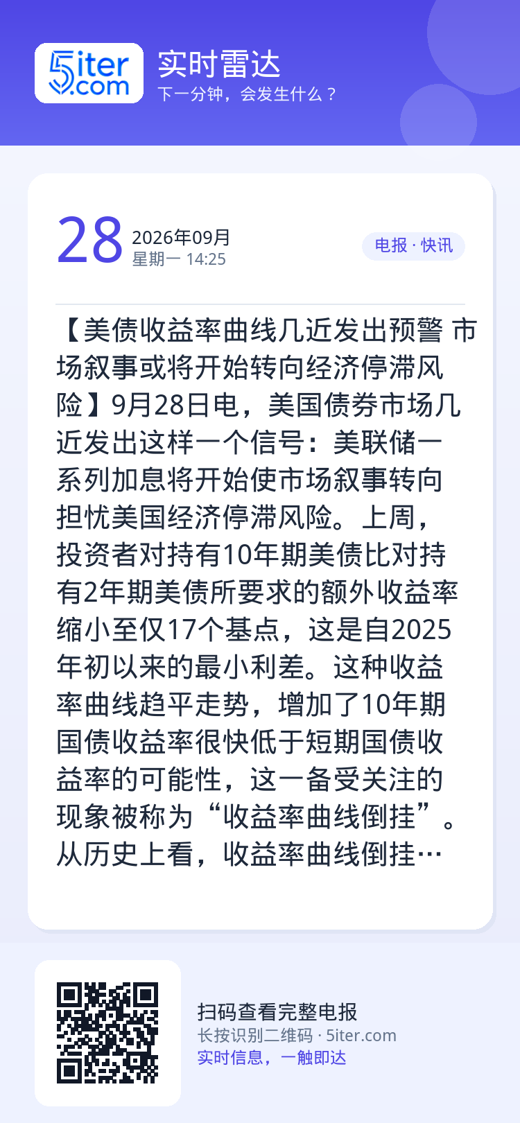 【美债收益率曲线几近发出预警 市场叙事或将开始转向经济停滞风险】9月28日电，美国债券市场几近发出这样一个信号：美联储一