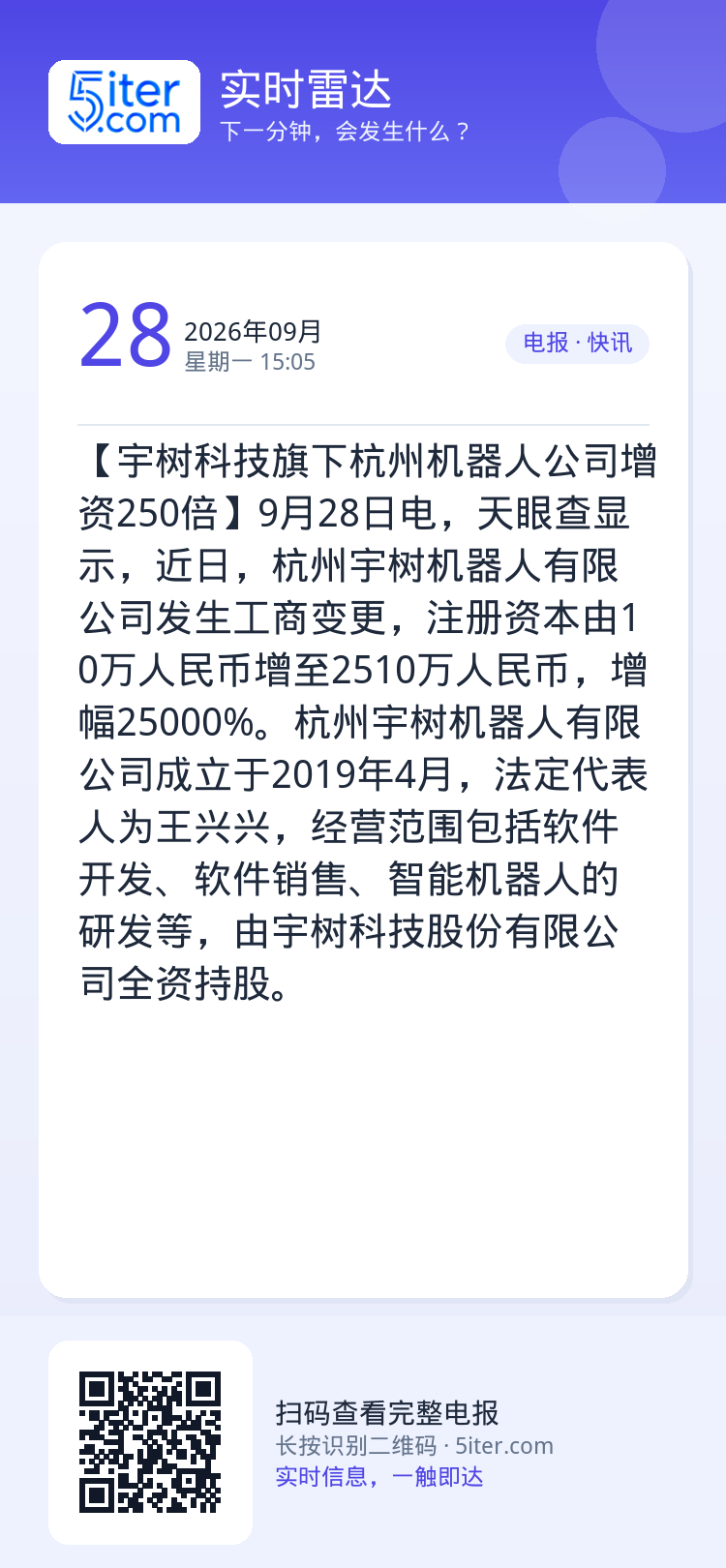 【宇树科技旗下杭州机器人公司增资250倍】9月28日电，天眼查显示，近日，杭州宇树机器人有限公司发生工商变更，注册资本由
