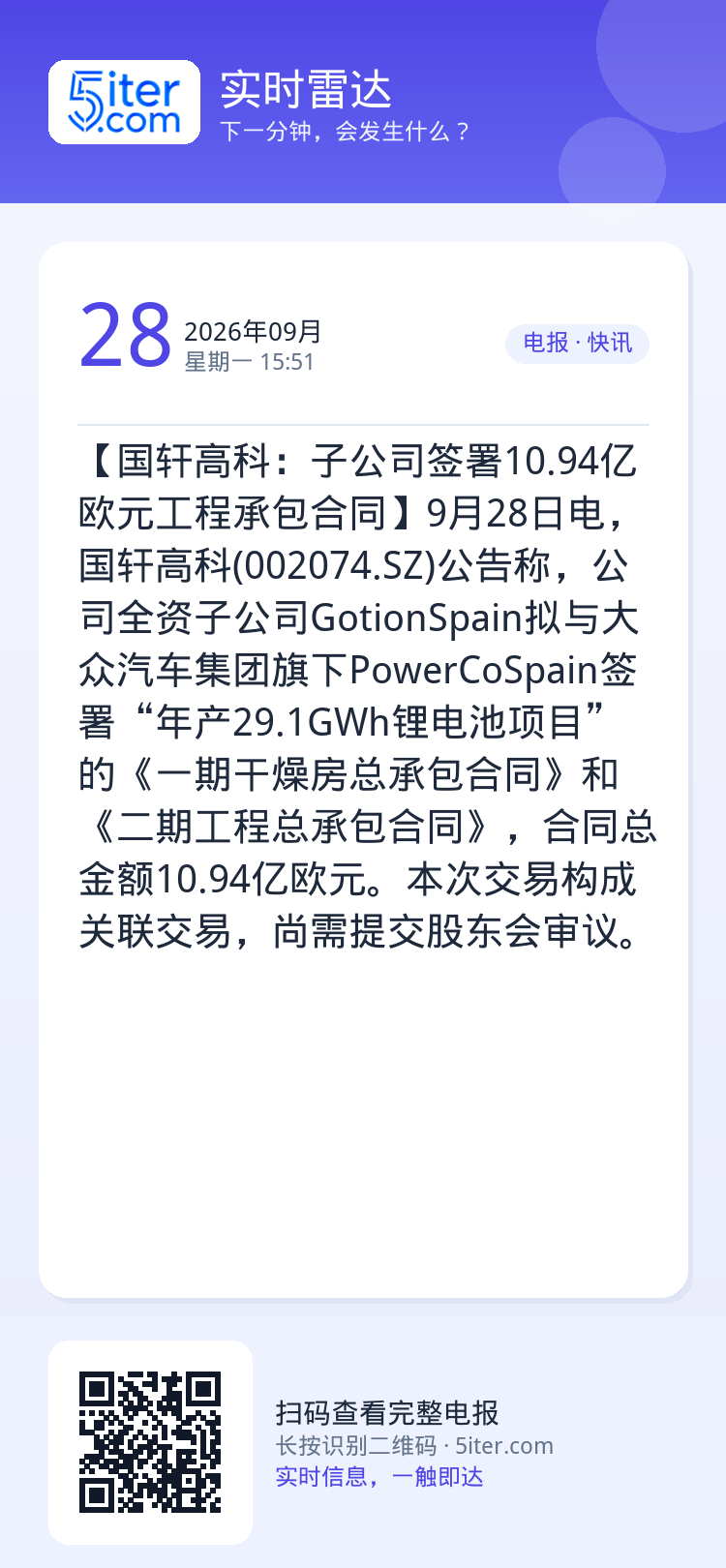 【国轩高科：子公司签署10.94亿欧元工程承包合同】9月28日电，国轩高科(002074.SZ)公告称，公司全资子公司G