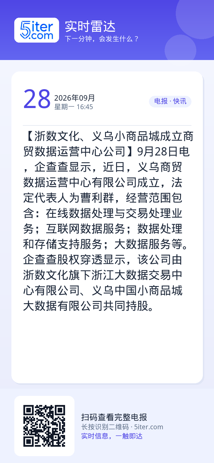 【浙数文化、义乌小商品城成立商贸数据运营中心公司】9月28日电，企查查显示，近日，义乌商贸数据运营中心有限公司成立，法定