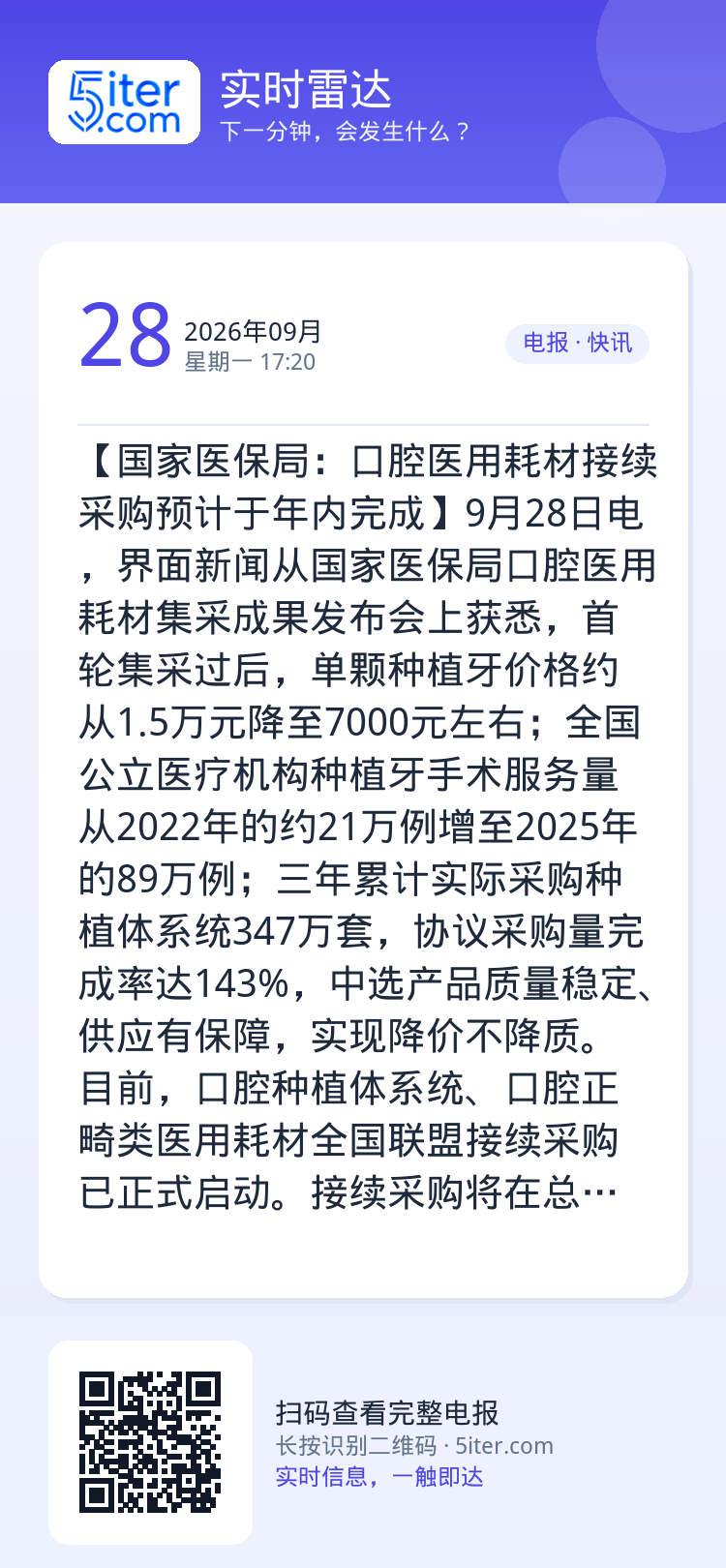 【国家医保局：口腔医用耗材接续采购预计于年内完成】9月28日电，界面新闻从国家医保局口腔医用耗材集采成果发布会上获悉，首