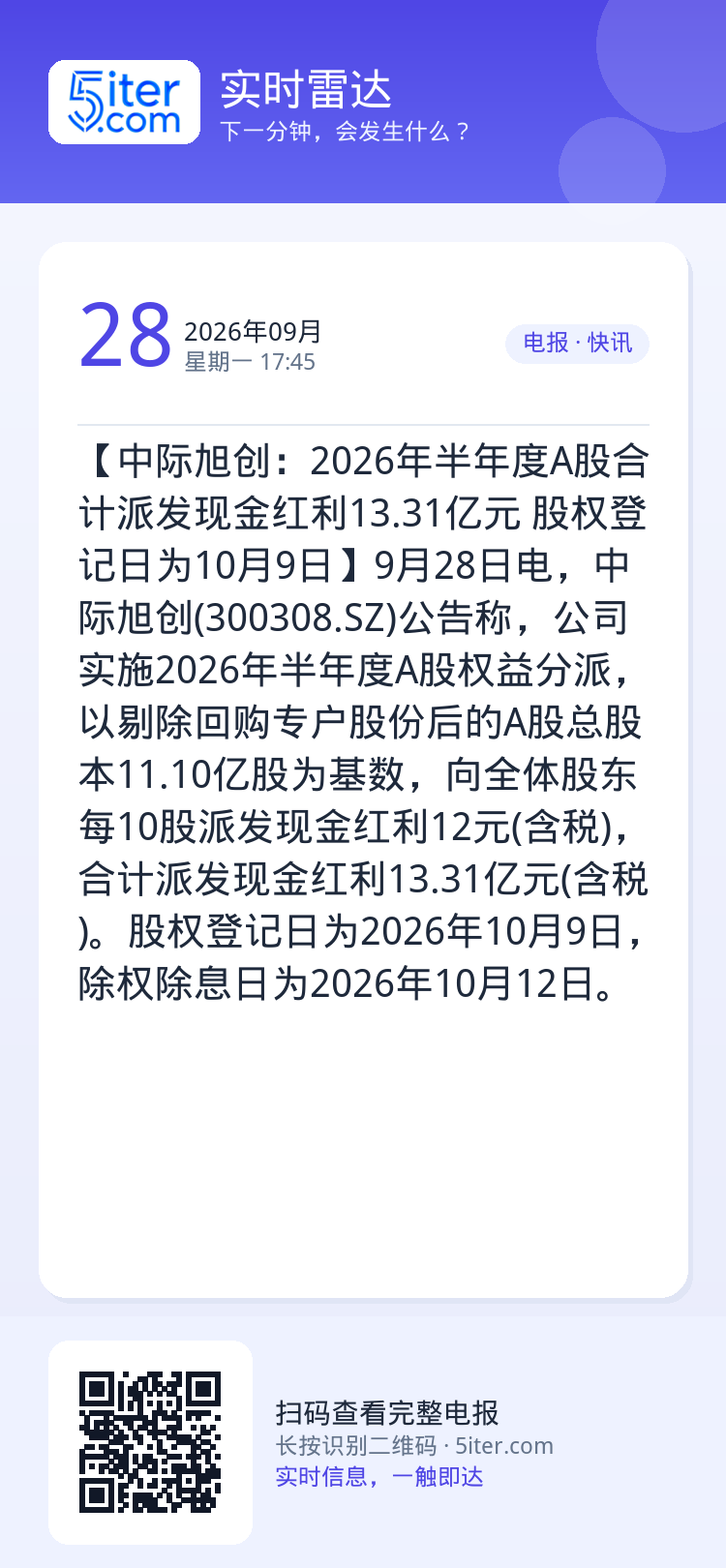 【中际旭创：2026年半年度A股合计派发现金红利13.31亿元 股权登记日为10月9日】9月28日电，中际旭创(3003