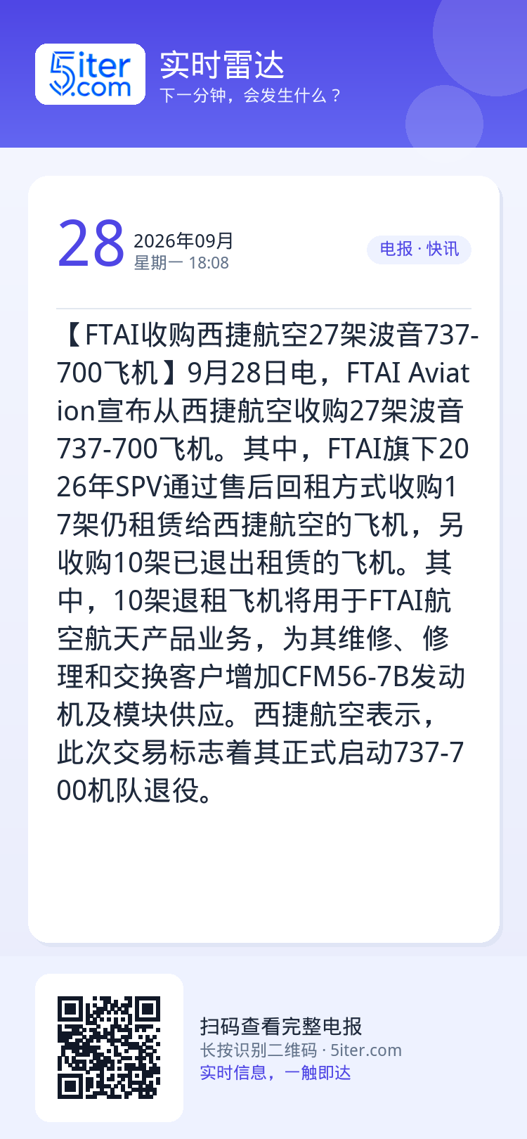【FTAI收购西捷航空27架波音737-700飞机】9月28日电，FTAI Aviation宣布从西捷航空收购27架波音