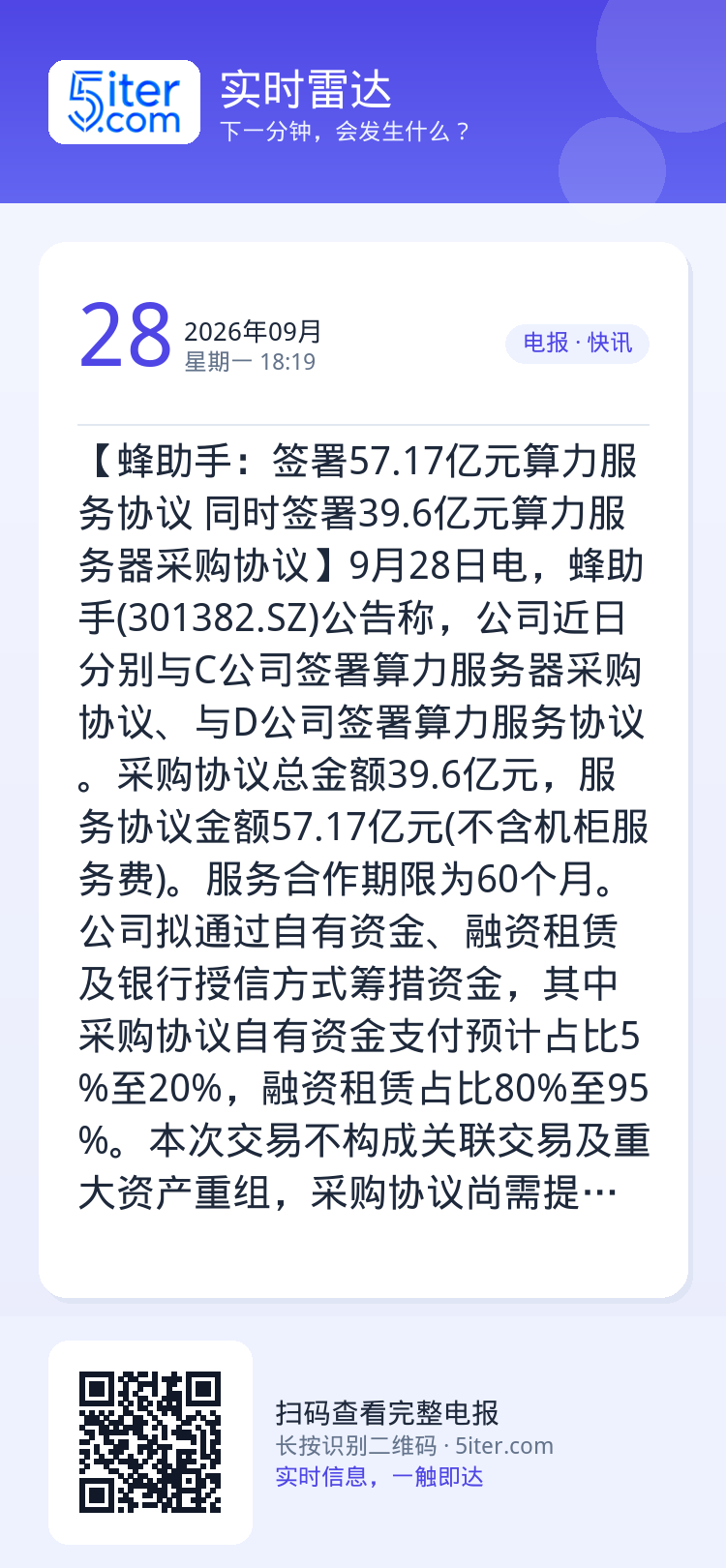 【蜂助手：签署57.17亿元算力服务协议 同时签署39.6亿元算力服务器采购协议】9月28日电，蜂助手(301382.S