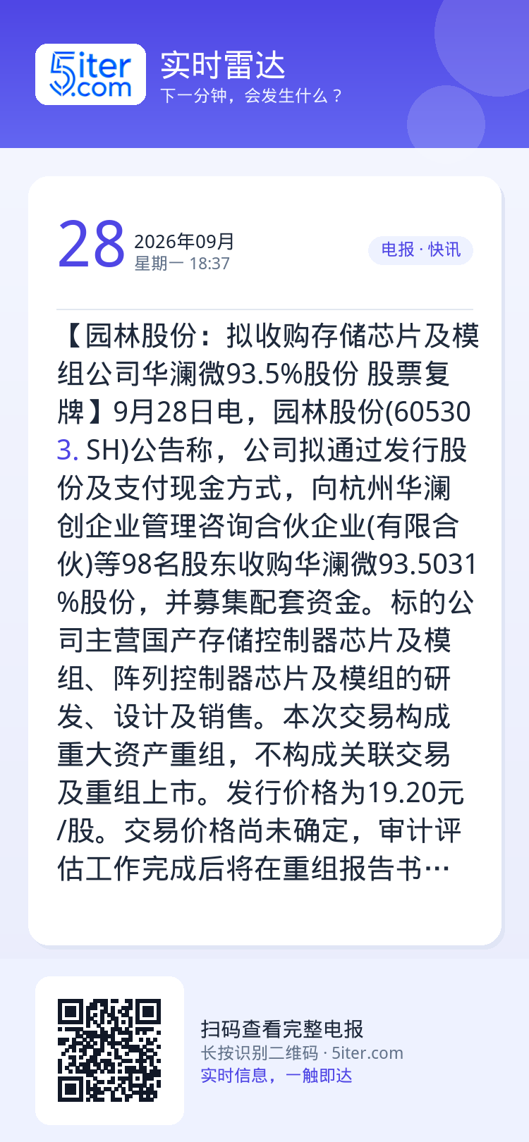 【园林股份：拟收购存储芯片及模组公司华澜微93.5%股份 股票复牌】9月28日电，园林股份(605303.SH)公告称，