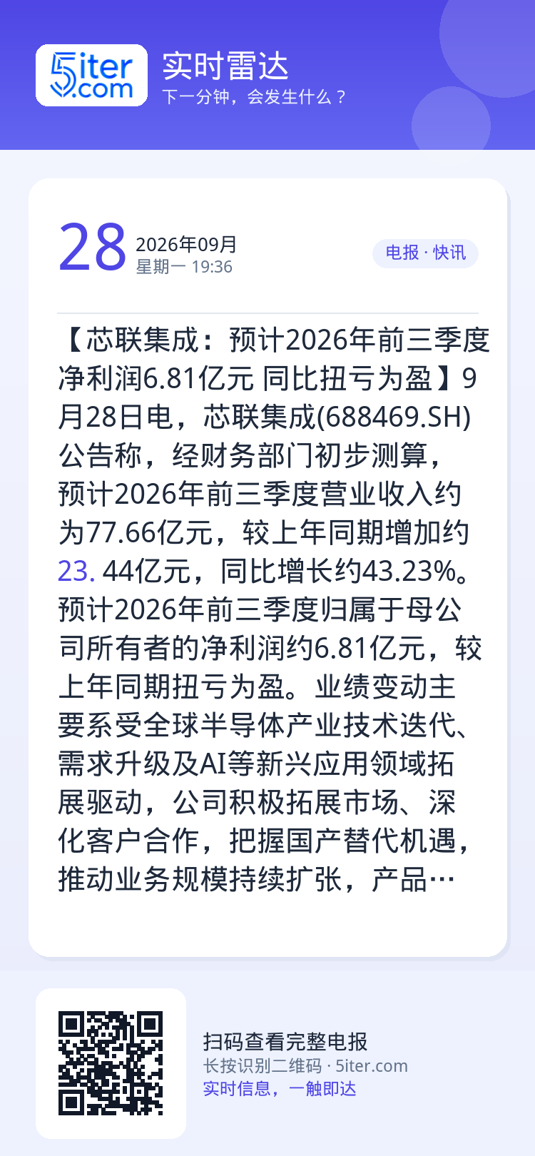 【芯联集成：预计2026年前三季度净利润6.81亿元 同比扭亏为盈】9月28日电，芯联集成(688469.SH)公告称，