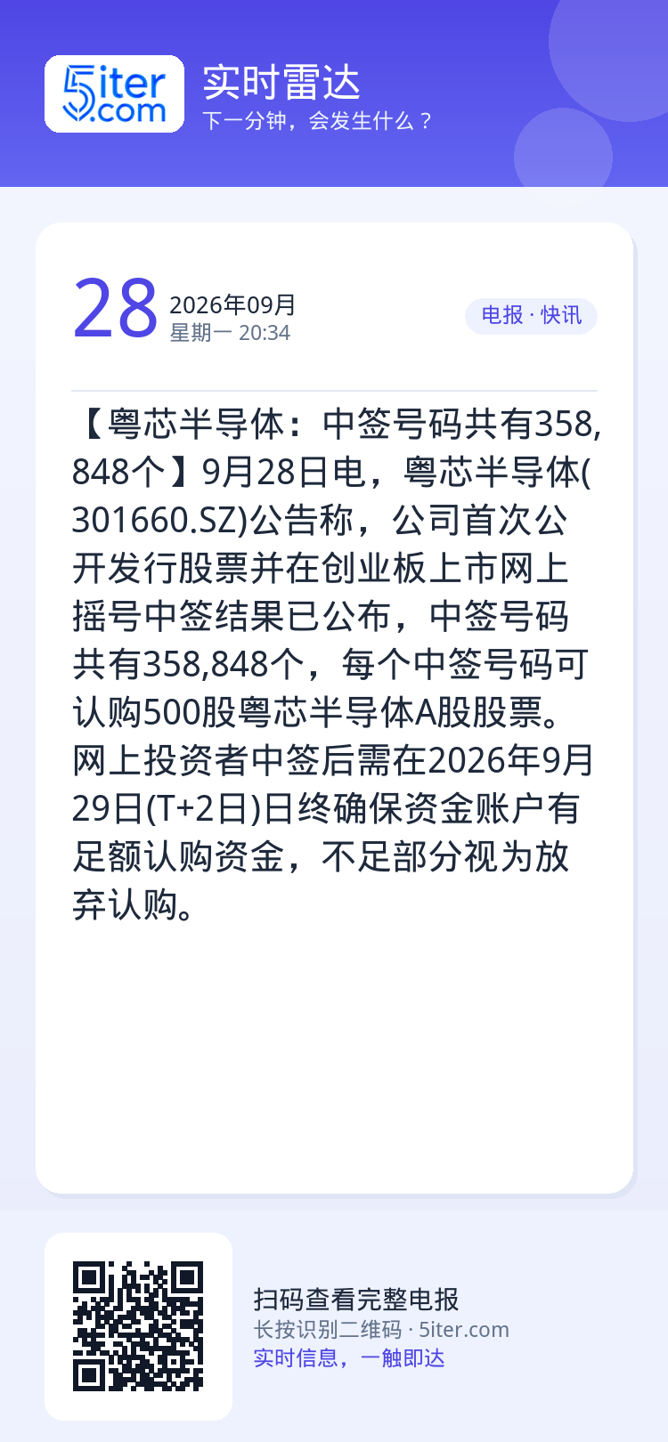 【粤芯半导体：中签号码共有358,848个】9月28日电，粤芯半导体(301660.SZ)公告称，公司首次公开发行股票并