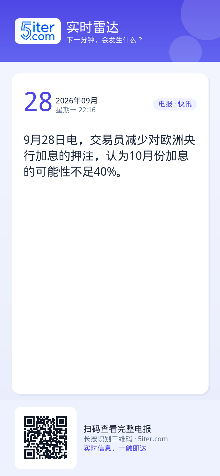 9月28日电，交易员减少对欧洲央行加息的押注，认为10月份加息的可能性不足40%。