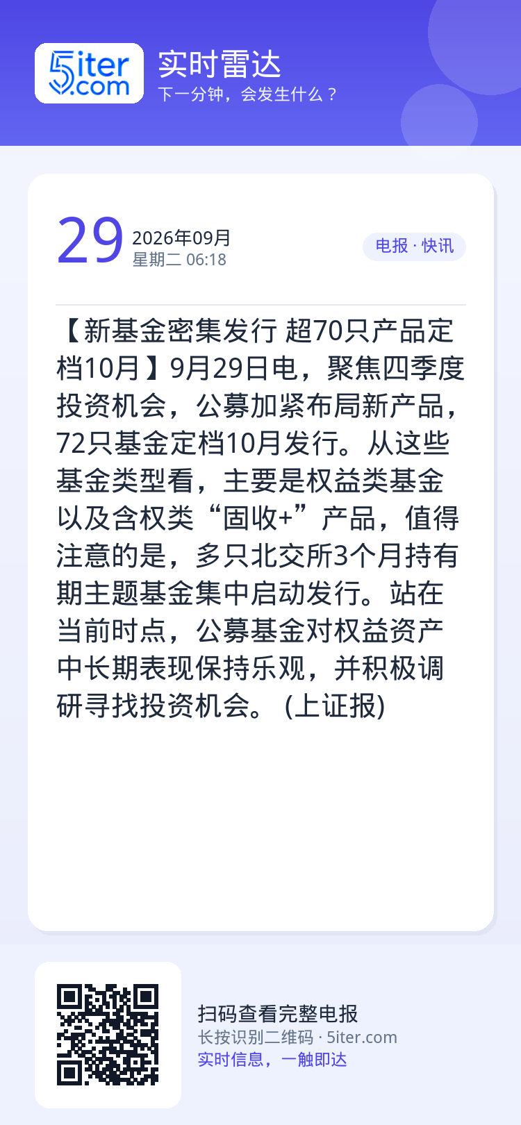 【新基金密集发行 超70只产品定档10月】9月29日电，聚焦四季度投资机会，公募加紧布局新产品，72只基金定档10月发行