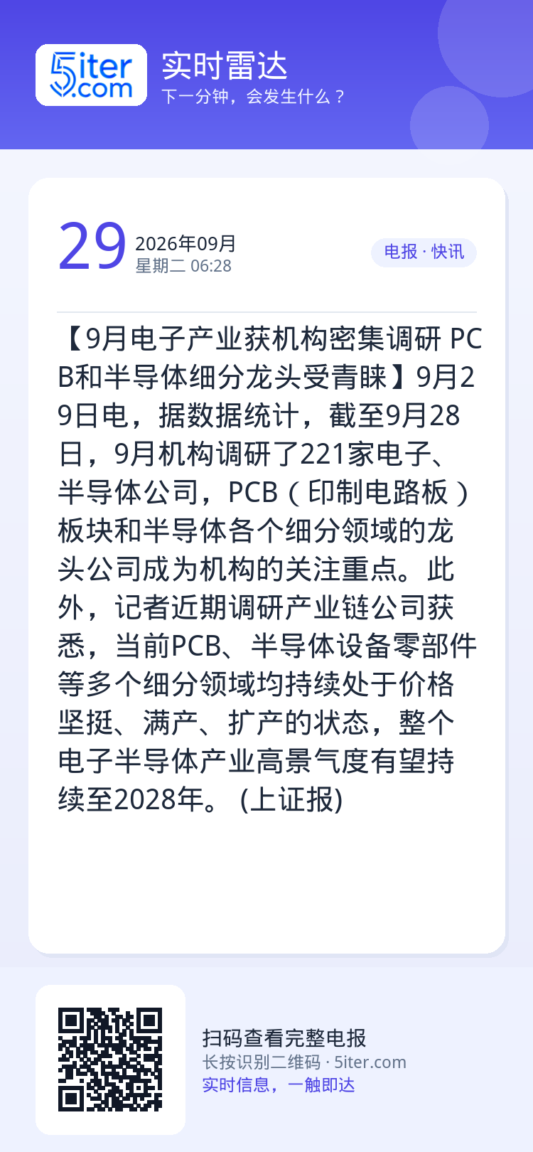 【9月电子产业获机构密集调研 PCB和半导体细分龙头受青睐】9月29日电，据数据统计，截至9月28日，9月机构调研了22