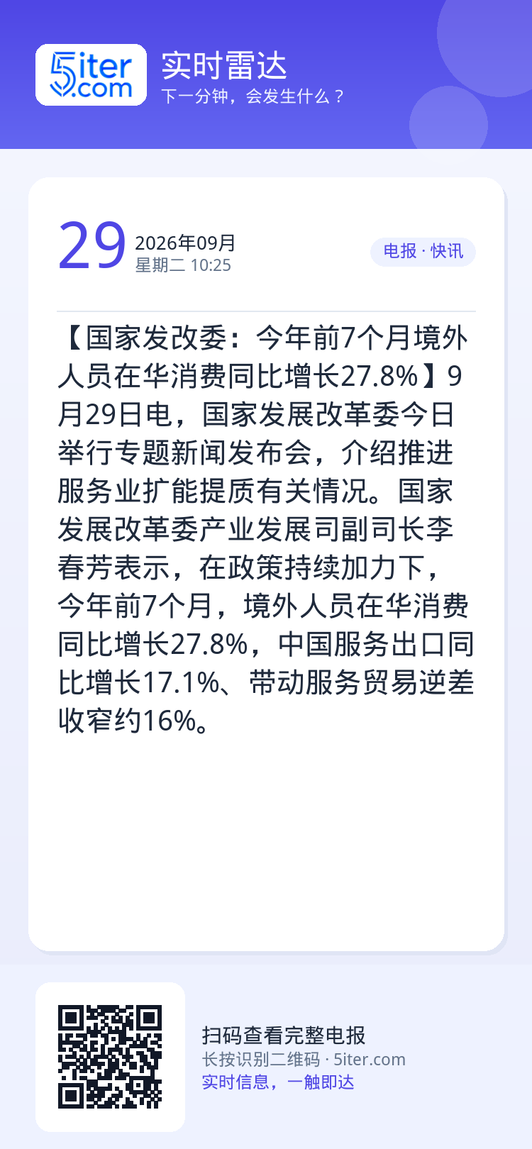 【国家发改委：今年前7个月境外人员在华消费同比增长27.8%】9月29日电，国家发展改革委今日举行专题新闻发布会，介绍推