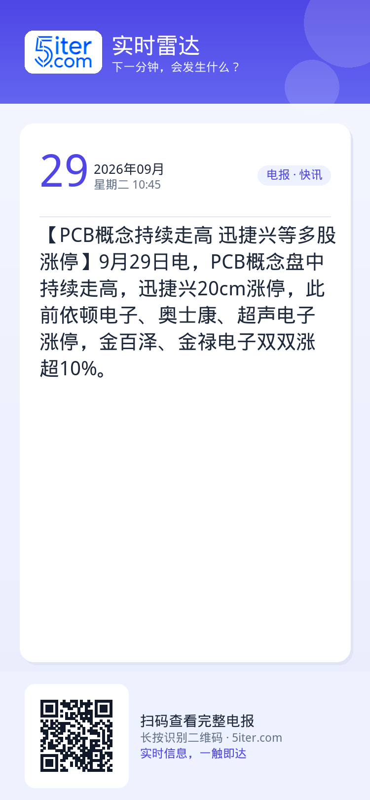 【PCB概念持续走高 迅捷兴等多股涨停】9月29日电，PCB概念盘中持续走高，迅捷兴20cm涨停，此前依顿电子、奥士康、