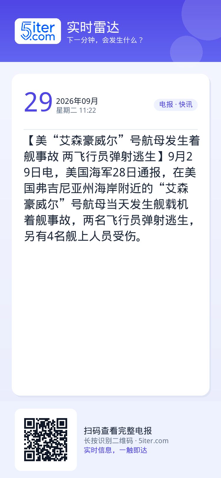 【美“艾森豪威尔”号航母发生着舰事故 两飞行员弹射逃生】9月29日电，美国海军28日通报，在美国弗吉尼亚州海岸附近的“艾