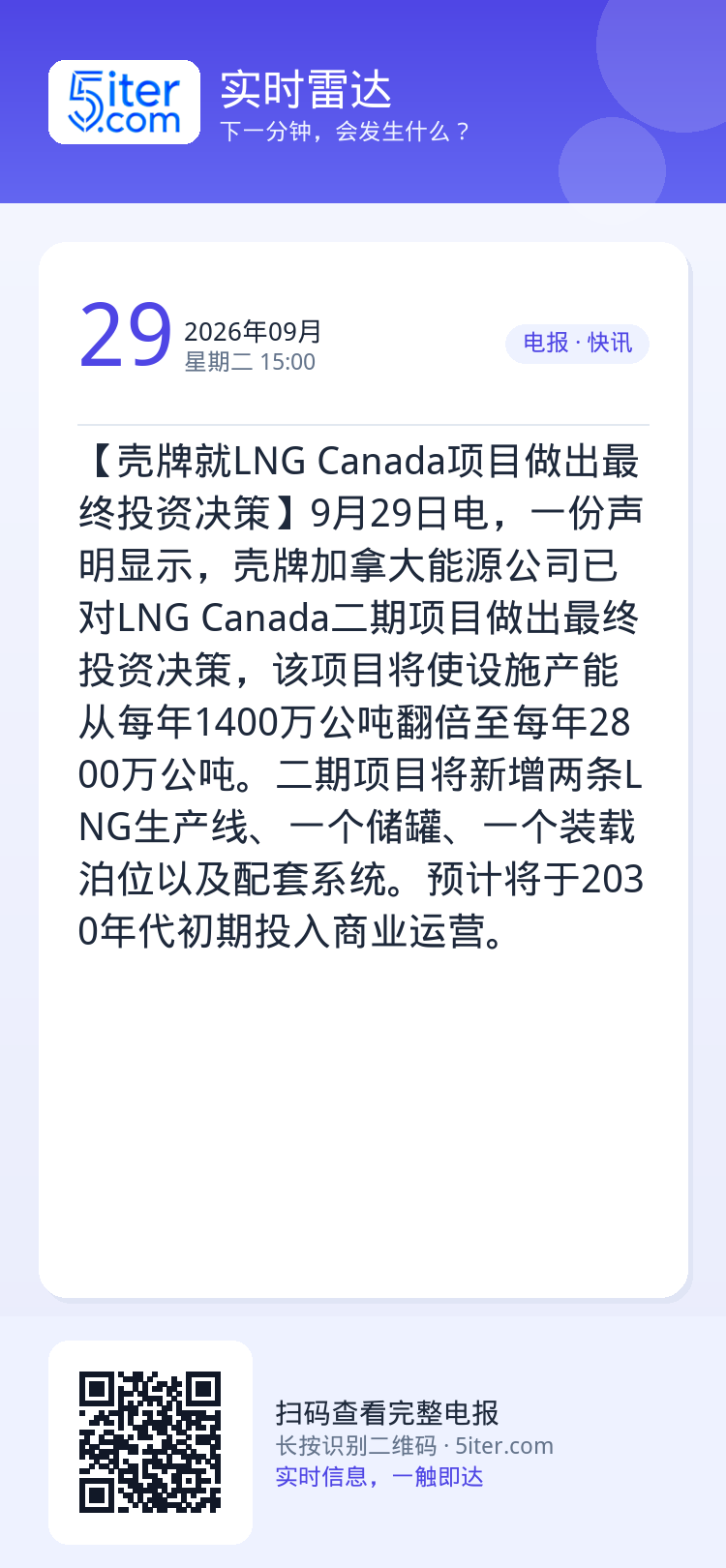 【壳牌就LNG Canada项目做出最终投资决策】9月29日电，一份声明显示，壳牌加拿大能源公司已对LNG Canada