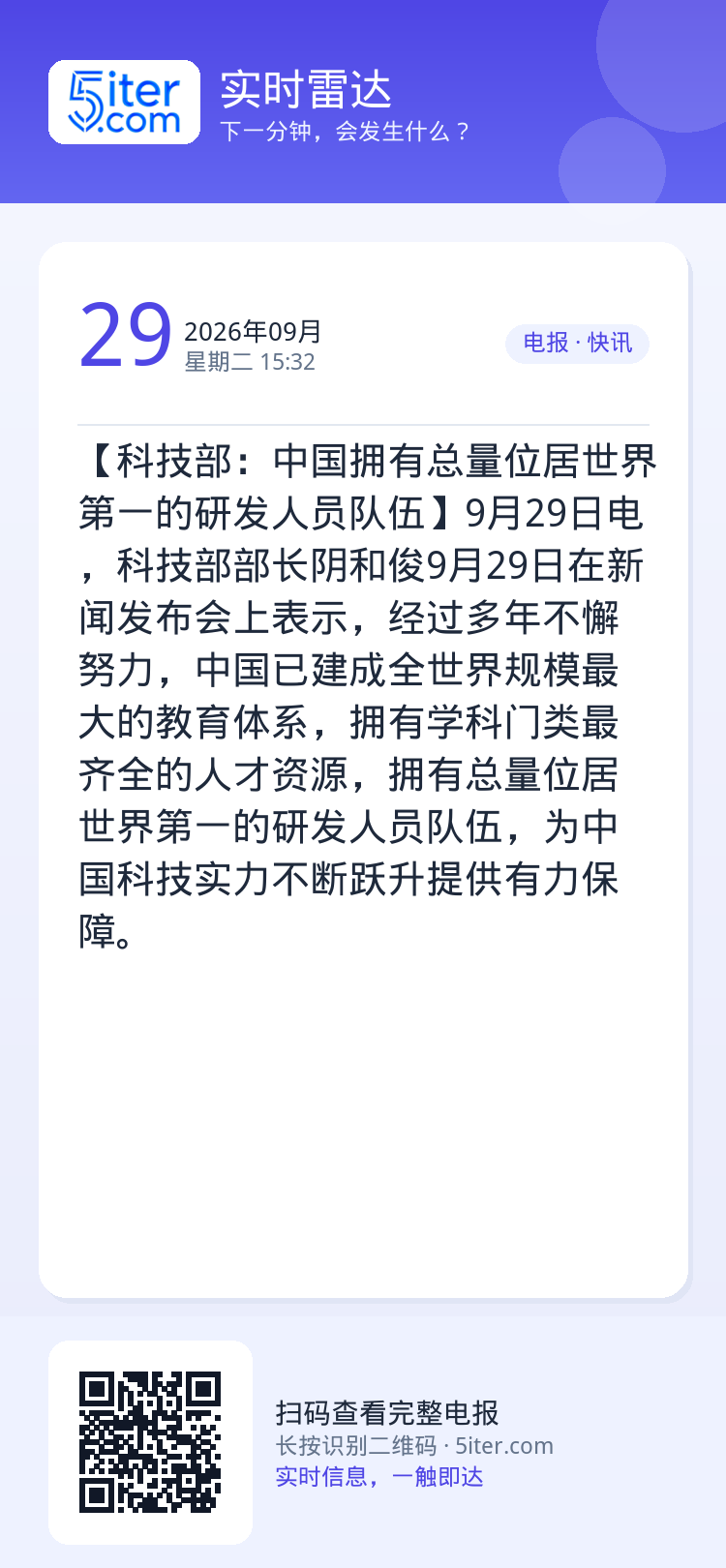 【科技部：中国拥有总量位居世界第一的研发人员队伍】9月29日电，科技部部长阴和俊9月29日在新闻发布会上表示，经过多年不