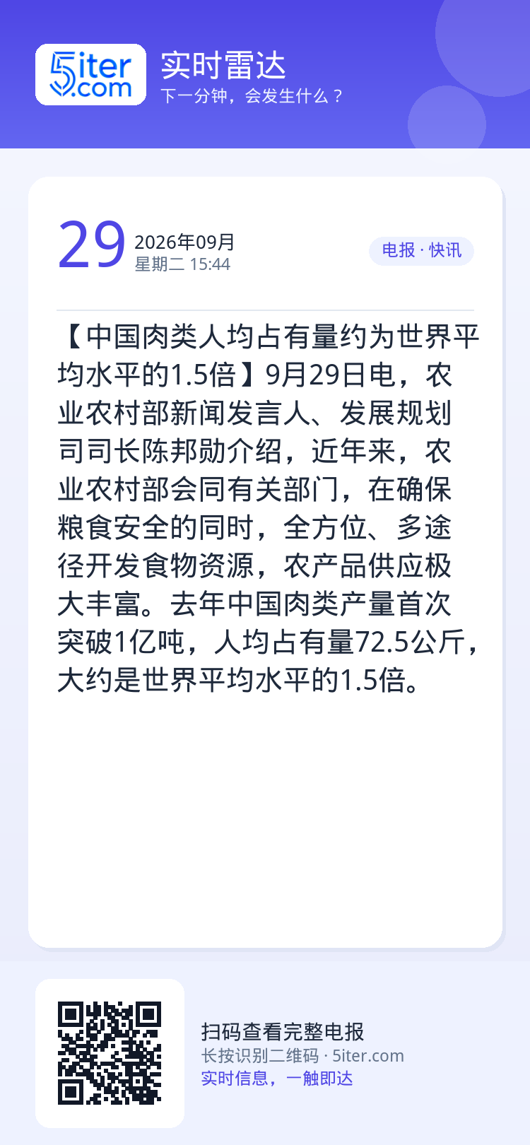 【中国肉类人均占有量约为世界平均水平的1.5倍】9月29日电，农业农村部新闻发言人、发展规划司司长陈邦勋介绍，近年来，农