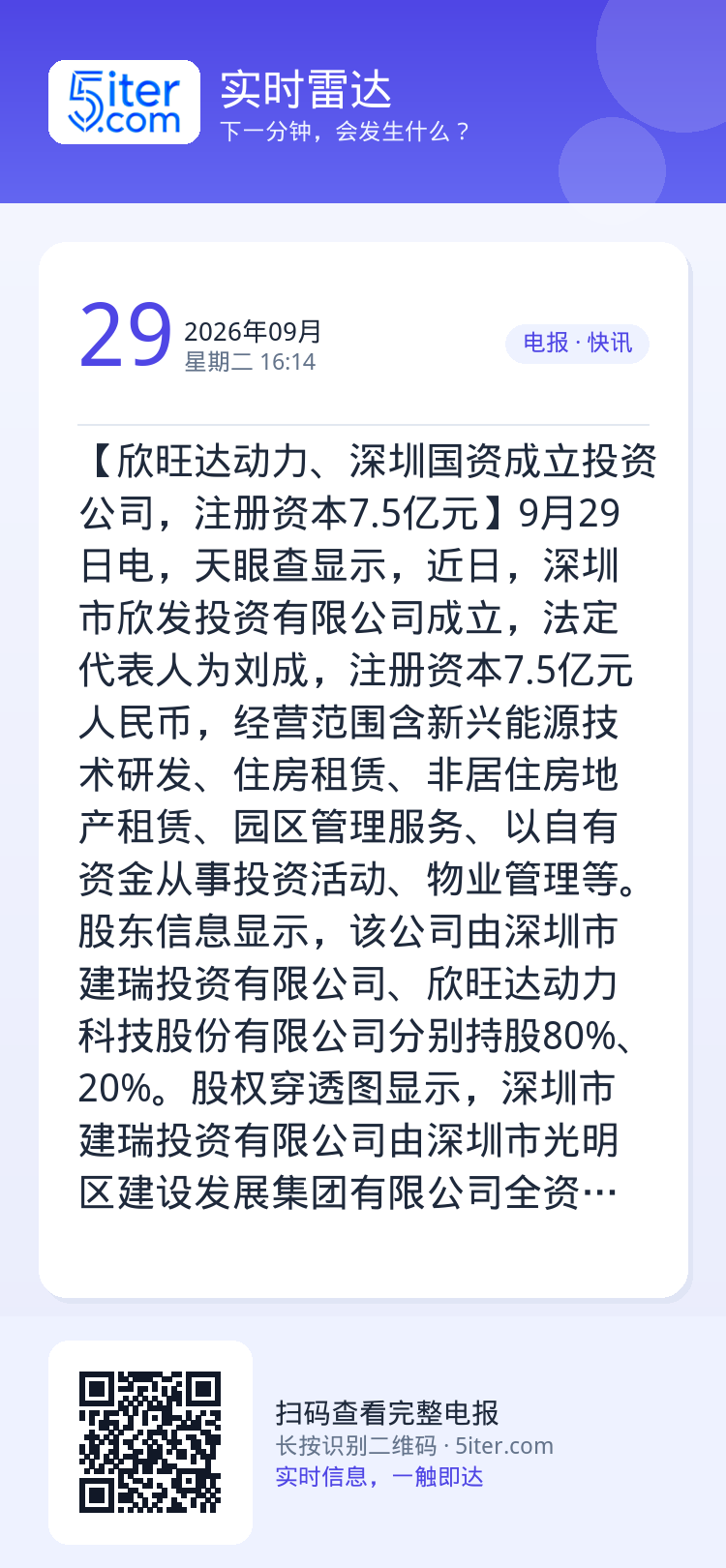 【欣旺达动力、深圳国资成立投资公司，注册资本7.5亿元】9月29日电，天眼查显示，近日，深圳市欣发投资有限公司成立，法定