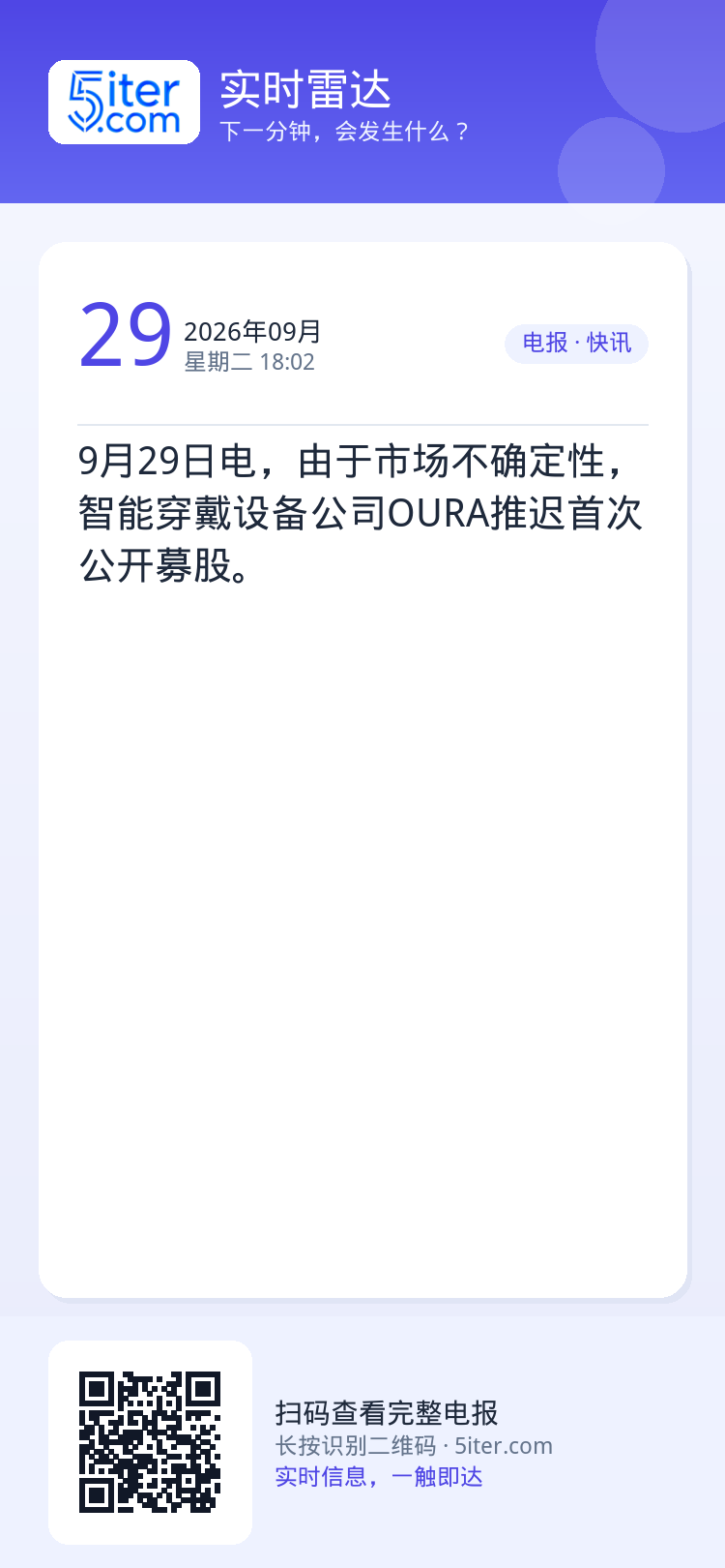 9月29日电，由于市场不确定性，智能穿戴设备公司OURA推迟首次公开募股。