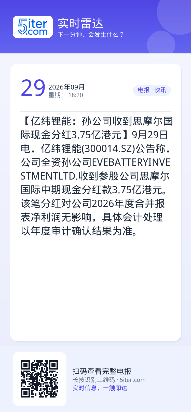 【亿纬锂能：孙公司收到思摩尔国际现金分红3.75亿港元】9月29日电，亿纬锂能(300014.SZ)公告称，公司全资孙公