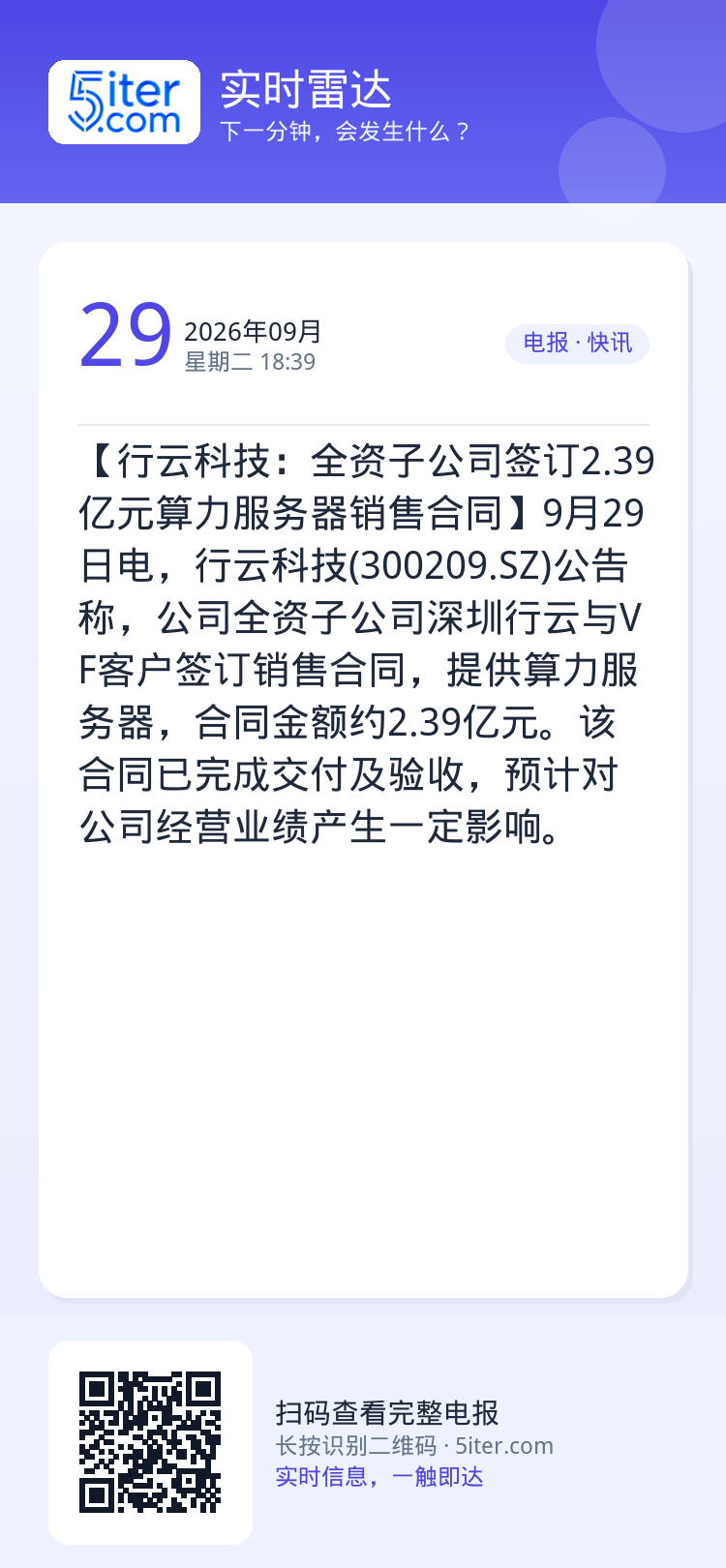 【行云科技：全资子公司签订2.39亿元算力服务器销售合同】9月29日电，行云科技(300209.SZ)公告称，公司全资子