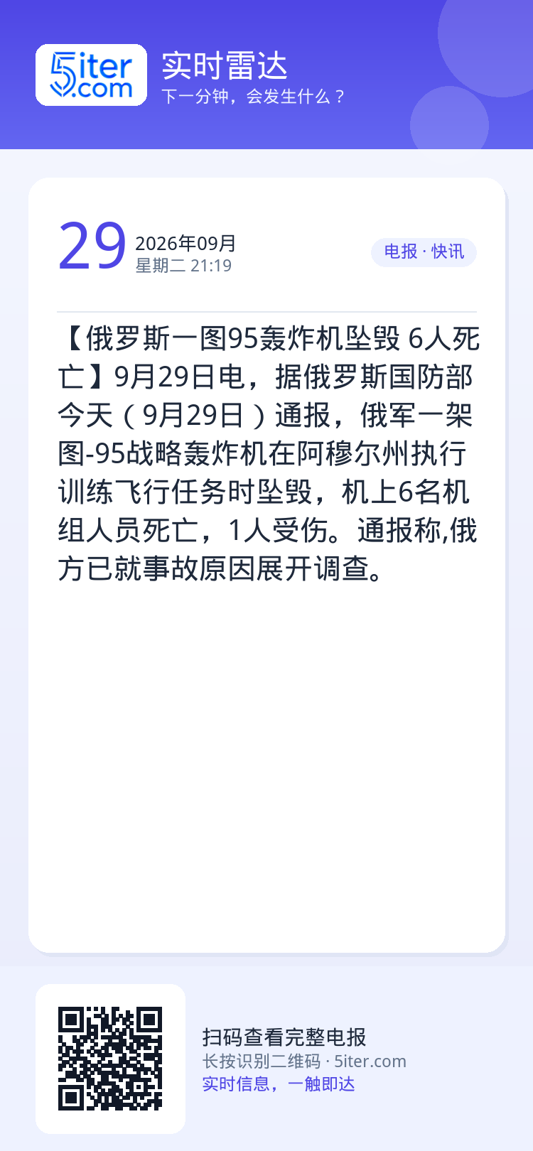 【俄罗斯一图95轰炸机坠毁 6人死亡】9月29日电，据俄罗斯国防部今天（9月29日）通报，俄军一架图-95战略轰炸机在阿