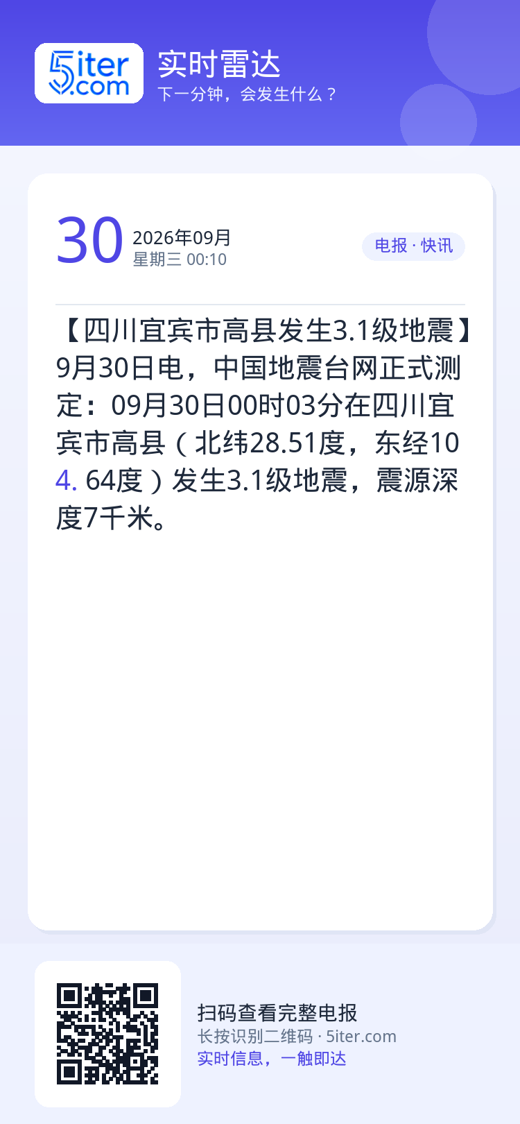 【四川宜宾市高县发生3.1级地震】9月30日电，中国地震台网正式测定：09月30日00时03分在四川宜宾市高县（北纬28